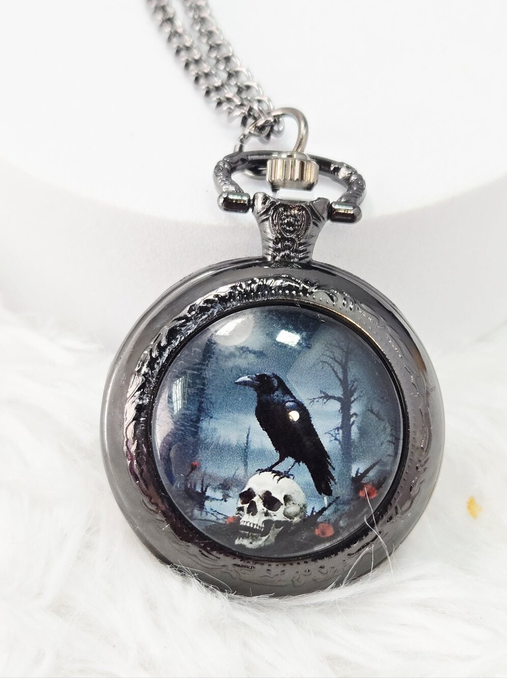 Raven Skull Pocket Watch Necklace Gothic Crow Pendant Dark Academia Gunmetal